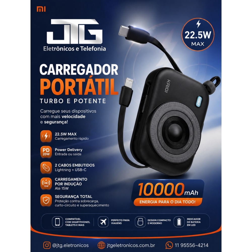 Carregador Portátil Kaidi (KD-999) 10.000mAh 22,5Watts + indução