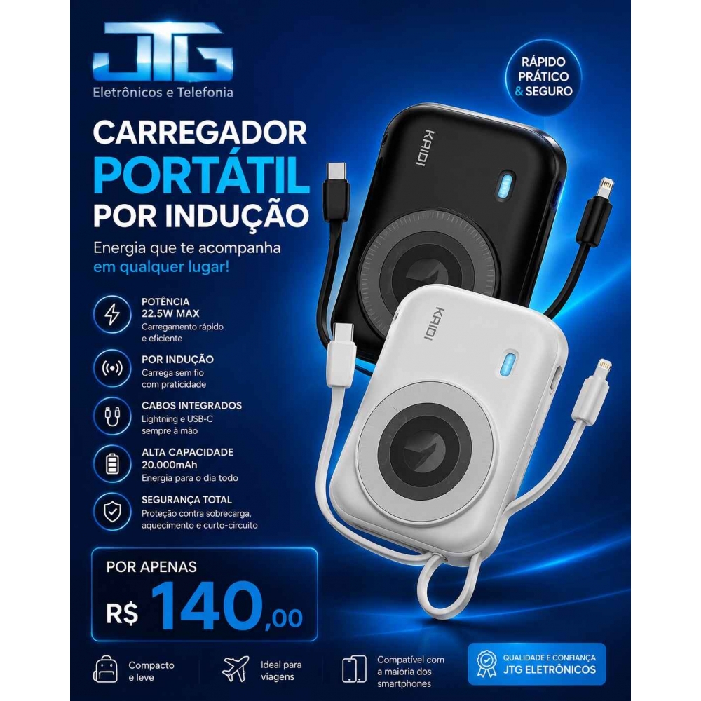 Carregador Portátil Kaidi (KD-8915) 20.000mAh 22,5Watts + indução